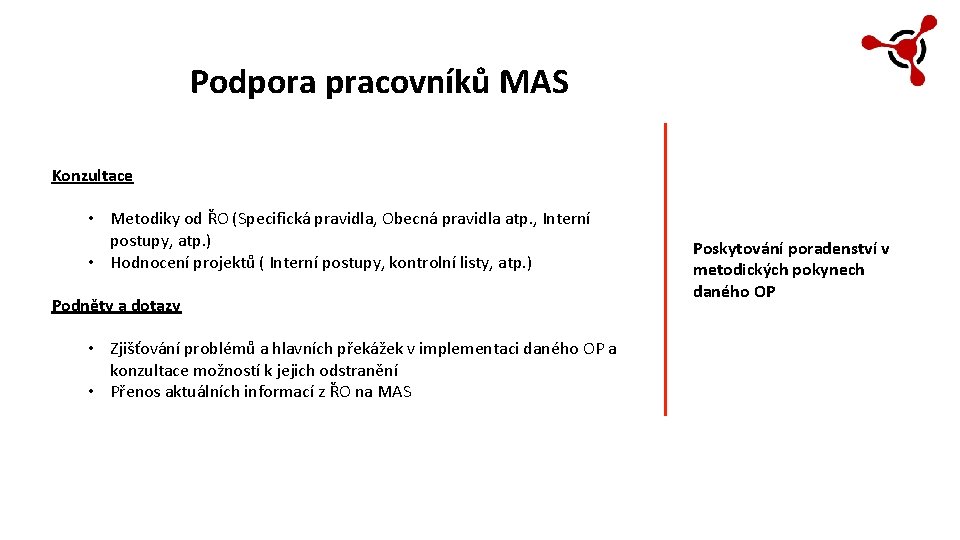 Podpora pracovníků MAS Konzultace • Metodiky od ŘO (Specifická pravidla, Obecná pravidla atp. ,