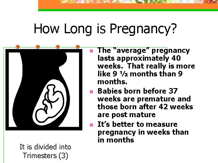 How Long is Pregnancy? n n n It is divided into Trimesters (3) The