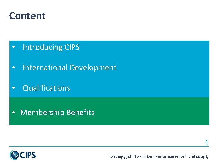 Content • Introducing CIPS • International Development • Qualifications • Membership Benefits 2 Leading