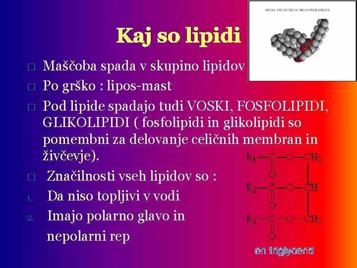 Kaj so lipidi � � 1. 2. Maščoba spada v skupino lipidov Po grško
