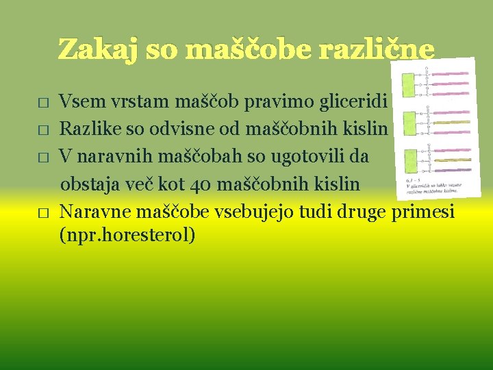 Zakaj so maščobe različne � � Vsem vrstam maščob pravimo gliceridi Razlike so odvisne