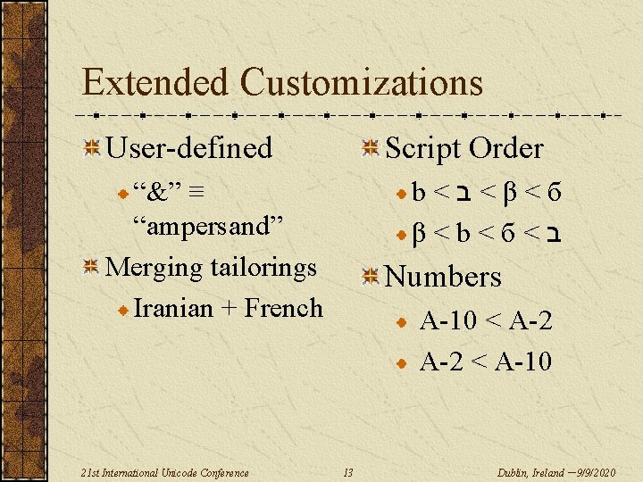 Extended Customizations User-defined Script Order “&” ≡ “ampersand” Merging tailorings Iranian + French 21