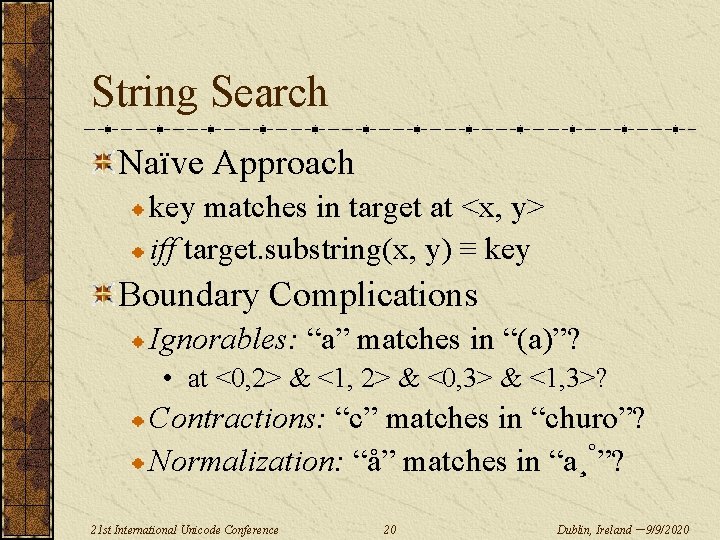 String Search Naïve Approach key matches in target at <x, y> iff target. substring(x,