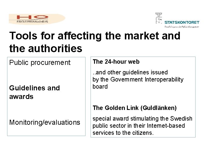 Tools for affecting the market and the authorities Public procurement Guidelines and awards The