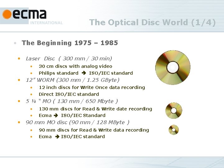 The Optical Disc World (1/4) • The Beginning 1975 – 1985 • Laser Disc