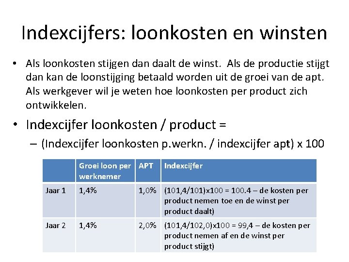 Indexcijfers: loonkosten en winsten • Als loonkosten stijgen daalt de winst. Als de productie