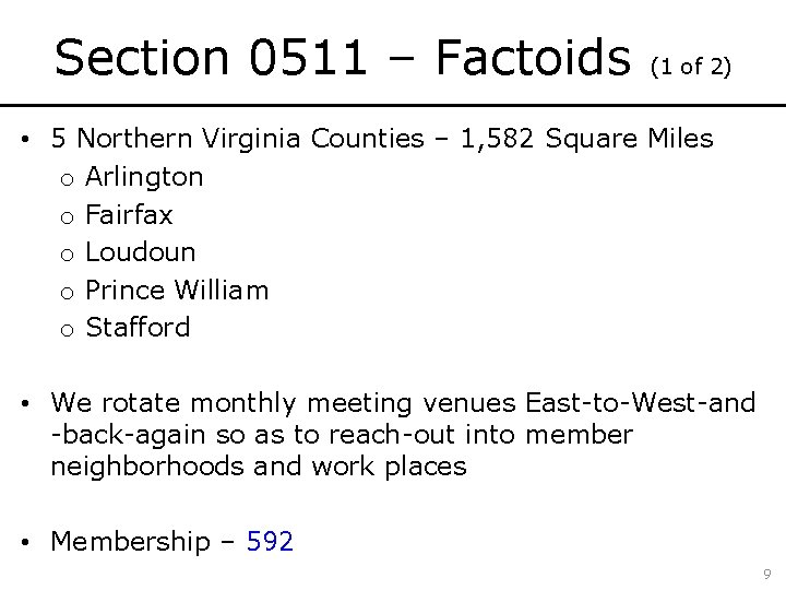 Section 0511 – Factoids (1 of 2) • 5 Northern Virginia Counties – 1,