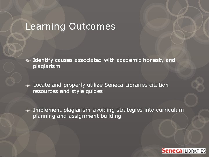 Learning Outcomes Identify causes associated with academic honesty and plagiarism Locate and properly utilize