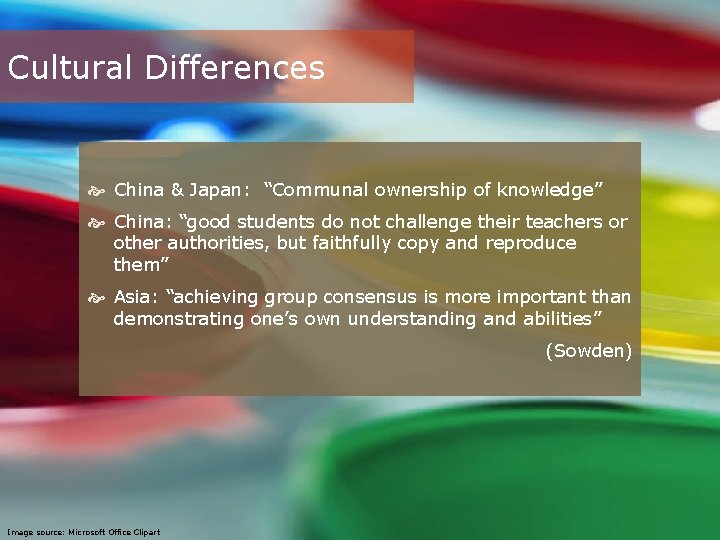 Cultural Differences China & Japan: “Communal ownership of knowledge” China: “good students do not