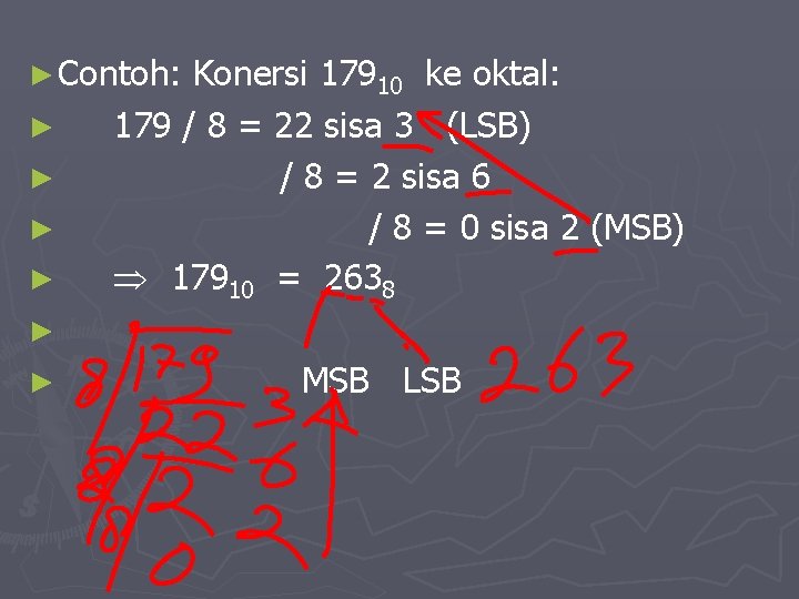 ► Contoh: ► ► Konersi 17910 ke oktal: 179 / 8 = 22 sisa