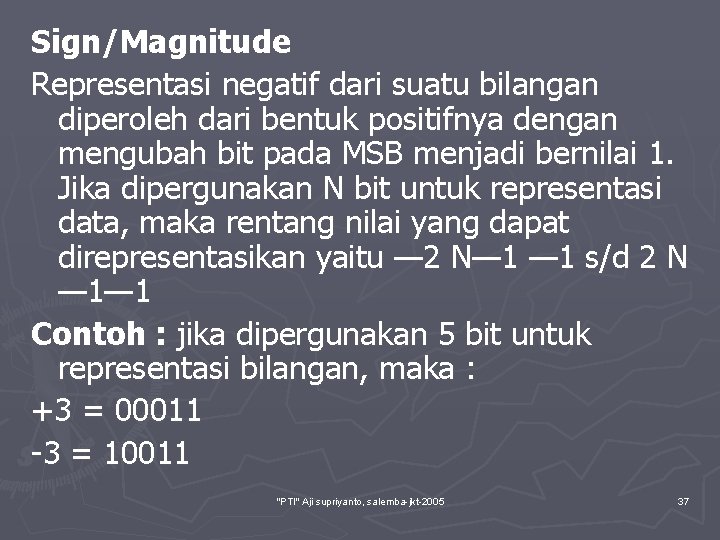 Sign/Magnitude Representasi negatif dari suatu bilangan diperoleh dari bentuk positifnya dengan mengubah bit pada