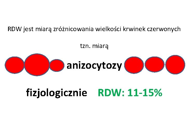 RDW jest miarą zróżnicowania wielkości krwinek czerwonych tzn. miarą anizocytozy fizjologicznie RDW: 11 -15%