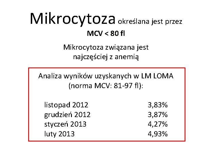 Mikrocytoza określana jest przez MCV < 80 fl Mikrocytoza związana jest najczęściej z anemią