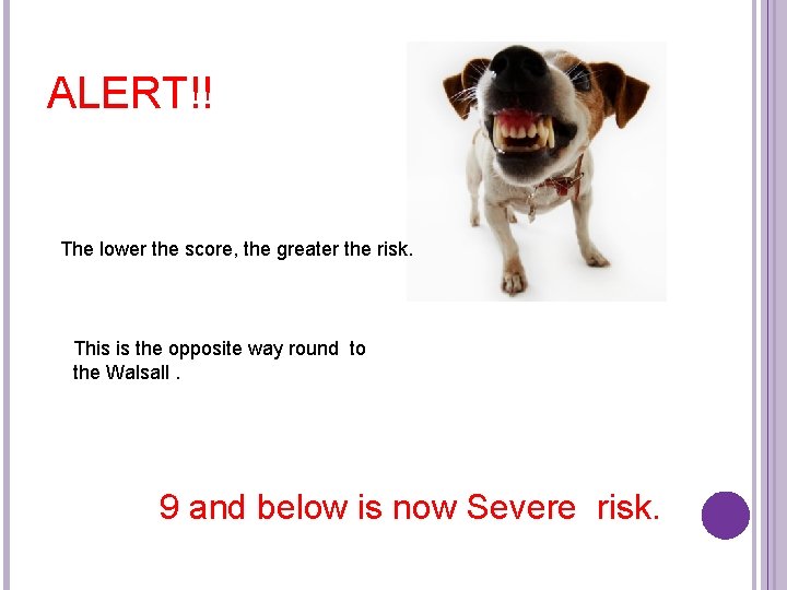 ALERT!! The lower the score, the greater the risk. This is the opposite way