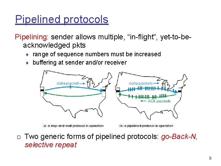 Pipelined protocols Pipelining: sender allows multiple, “in-flight”, yet-to-beacknowledged pkts ♦ range of sequence numbers