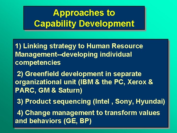 Approaches to Capability Development 1) Linking strategy to Human Resource Management--developing individual competencies 2)