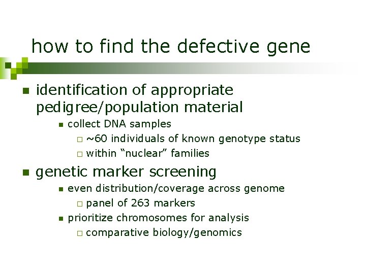 how to find the defective gene n identification of appropriate pedigree/population material n n