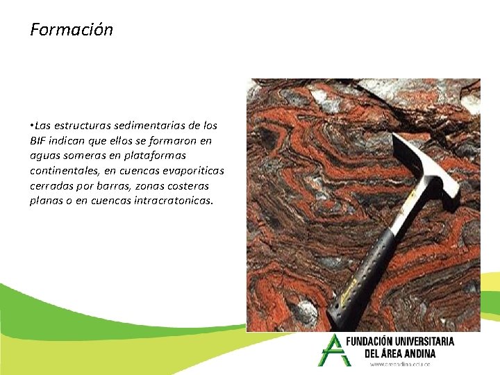 Formación • Las estructuras sedimentarias de los BIF indican que ellos se formaron en