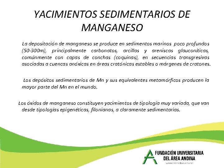 YACIMIENTOS SEDIMENTARIOS DE MANGANESO La depositación de manganeso se produce en sedimentos marinos poco