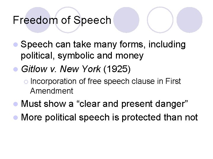 Freedom of Speech l Speech can take many forms, including political, symbolic and money