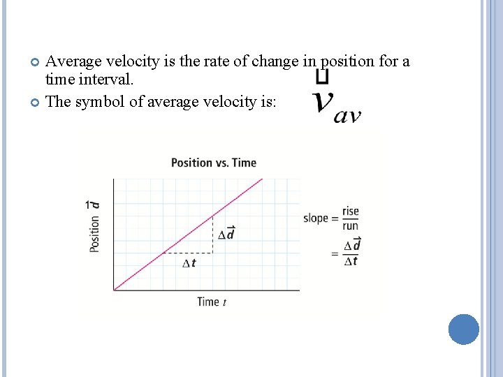 Average velocity is the rate of change in position for a time interval. The