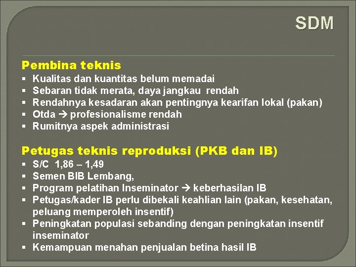 SDM Pembina teknis § § § Kualitas dan kuantitas belum memadai Sebaran tidak merata,