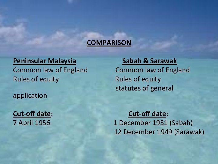 COMPARISON Peninsular Malaysia Sabah & Sarawak Common law of England Common law of England