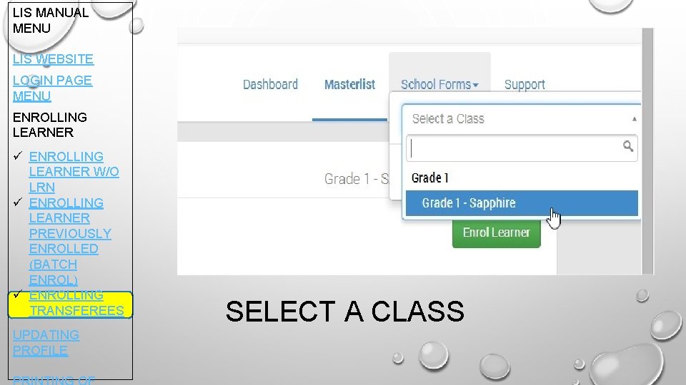 LIS MANUAL MENU LIS WEBSITE LOGIN PAGE MENU ENROLLING LEARNER ü ENROLLING LEARNER W/O