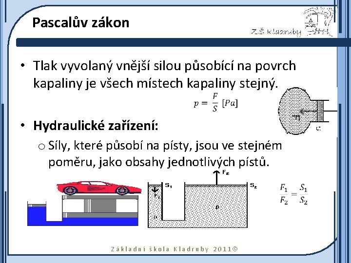 Pascalův zákon • Tlak vyvolaný vnější silou působící na povrch kapaliny je všech místech