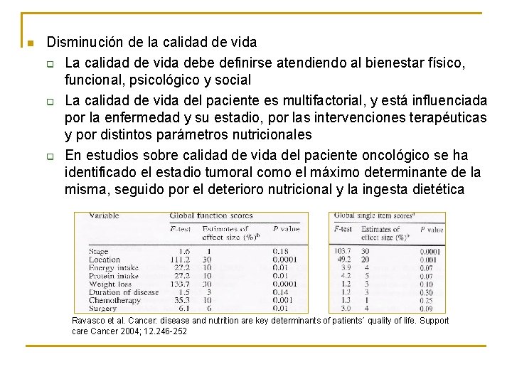 n Disminución de la calidad de vida q La calidad de vida debe definirse