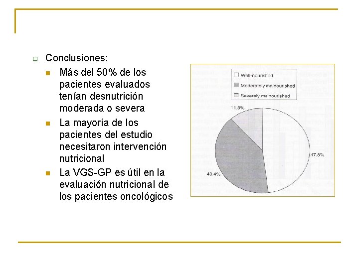 q Conclusiones: n Más del 50% de los pacientes evaluados tenían desnutrición moderada o