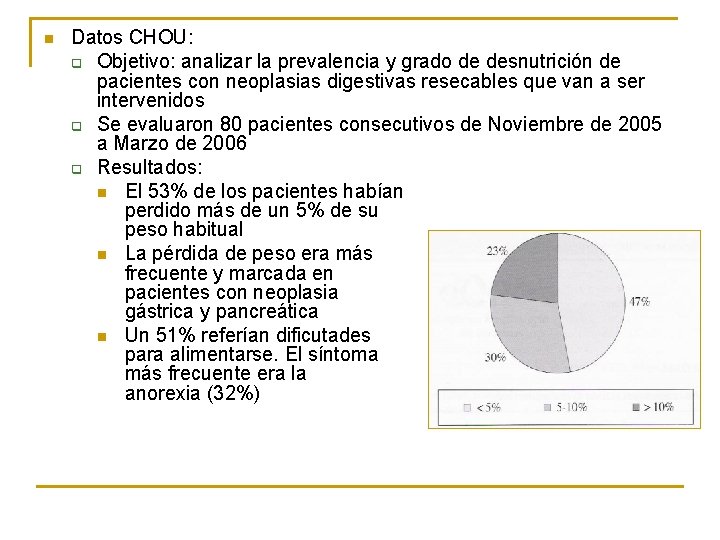 n Datos CHOU: q Objetivo: analizar la prevalencia y grado de desnutrición de pacientes