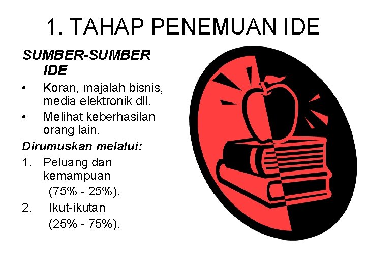 1. TAHAP PENEMUAN IDE SUMBER-SUMBER IDE • Koran, majalah bisnis, media elektronik dll. •