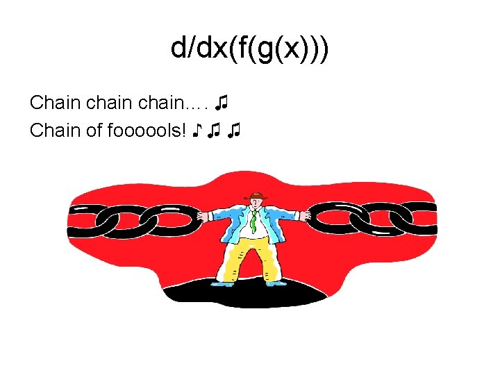 d/dx(f(g(x))) Chain chain…. ♫ Chain of foooools! ♪ ♫ ♫ 