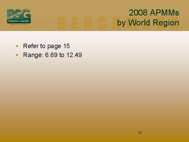 2008 APMMs by World Region BENCHMARK • Refer to page 15 • Range: 6.