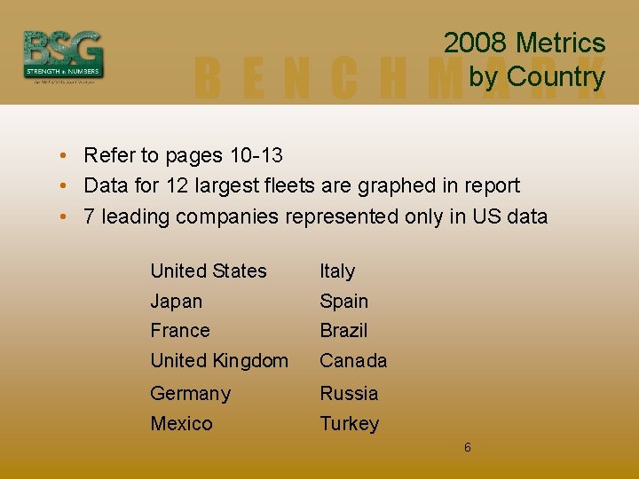 2008 Metrics by Country BENCHMARK • Refer to pages 10 -13 • Data for