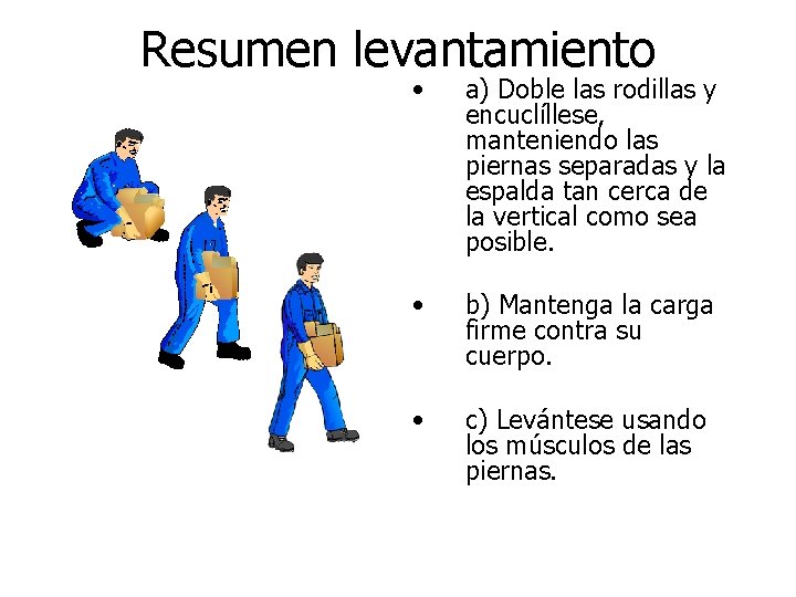 Resumen levantamiento • a) Doble las rodillas y encuclíllese, manteniendo las piernas separadas y