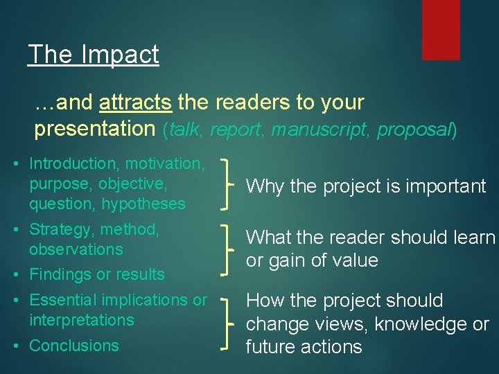 The Impact …and attracts the readers to your presentation (talk, report, manuscript, proposal) •