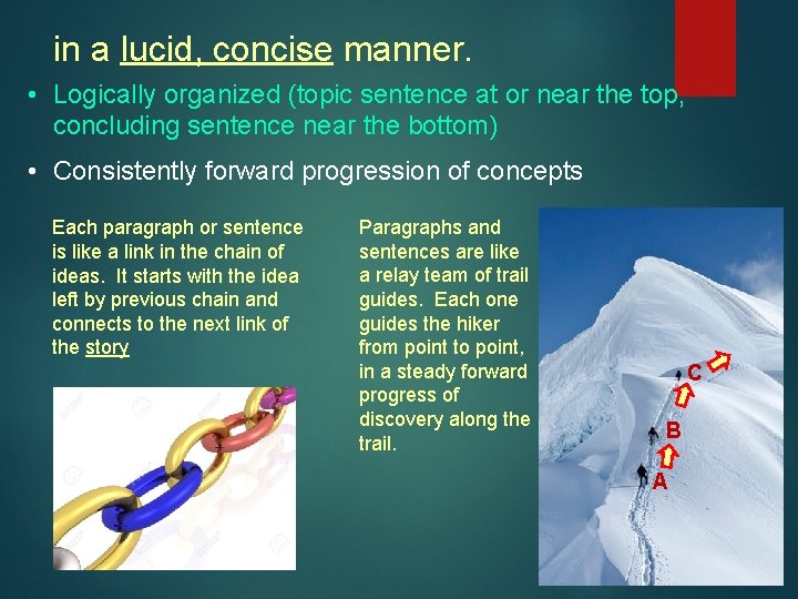 in a lucid, concise manner. • Logically organized (topic sentence at or near the