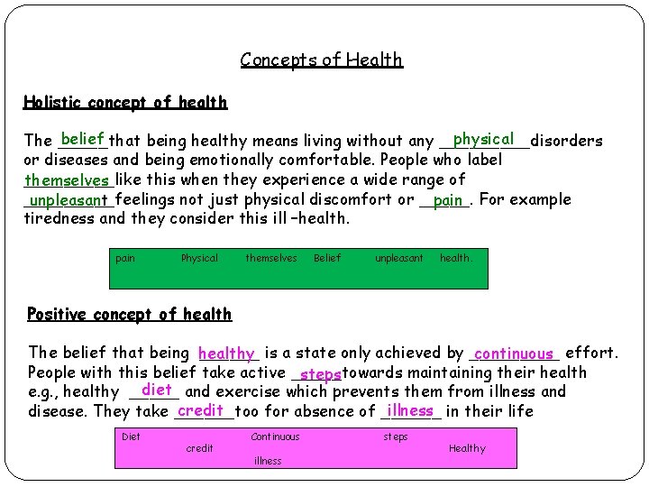 Concepts of Health Holistic concept of health belief physical The _____that being healthy means