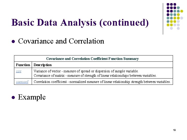 Basic Data Analysis (continued) l Covariance and Correlation Coefficient Function Summary l Function Description Basic Data Analysis (continued) l Covariance and Correlation Coefficient Function Summary l Function Description