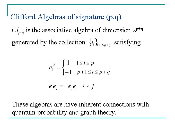 Clifford Algebras of signature (p, q) Clp, q is the associative algebra of dimension