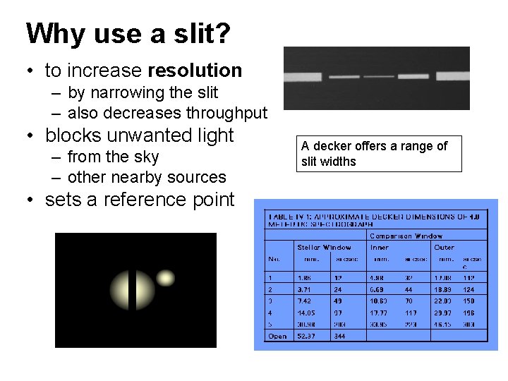 Why use a slit? • to increase resolution – by narrowing the slit –