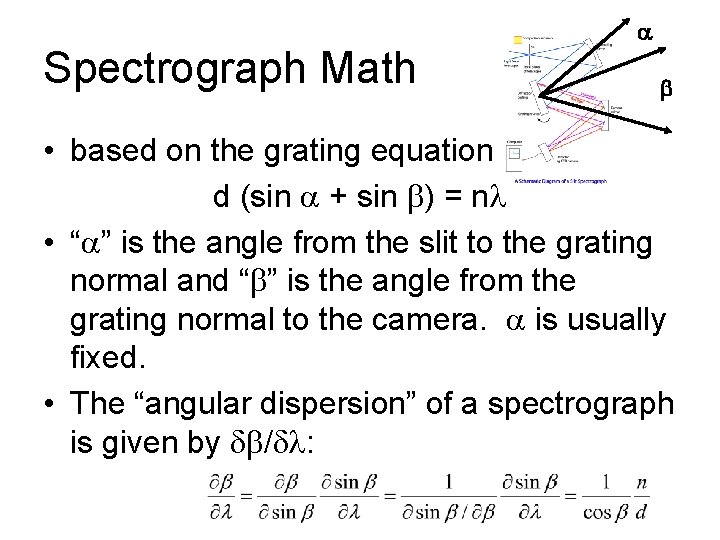 Spectrograph Math a b • based on the grating equation d (sin a +