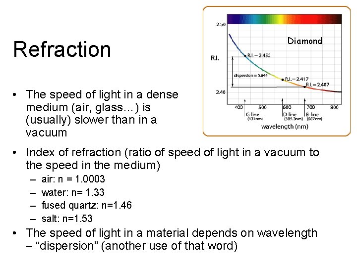 Refraction Diamond • The speed of light in a dense medium (air, glass…) is