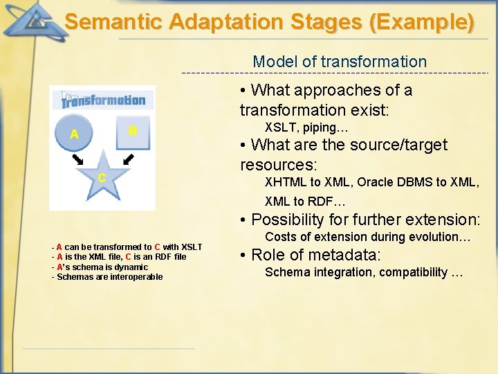 Semantic Adaptation Stages (Example) Model of transformation • What approaches of a transformation exist: