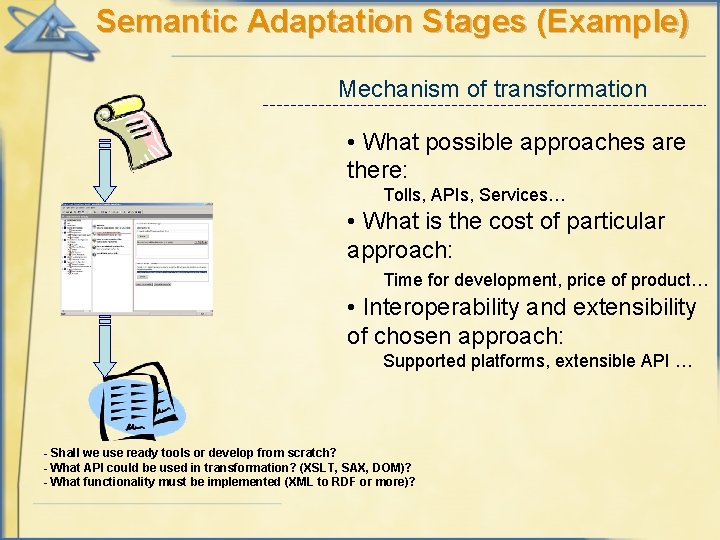 Semantic Adaptation Stages (Example) Mechanism of transformation • What possible approaches are there: Tolls,