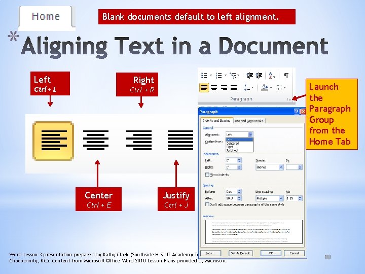 Blank documents default to left alignment. * Left Right Ctrl+ L Launch the Paragraph