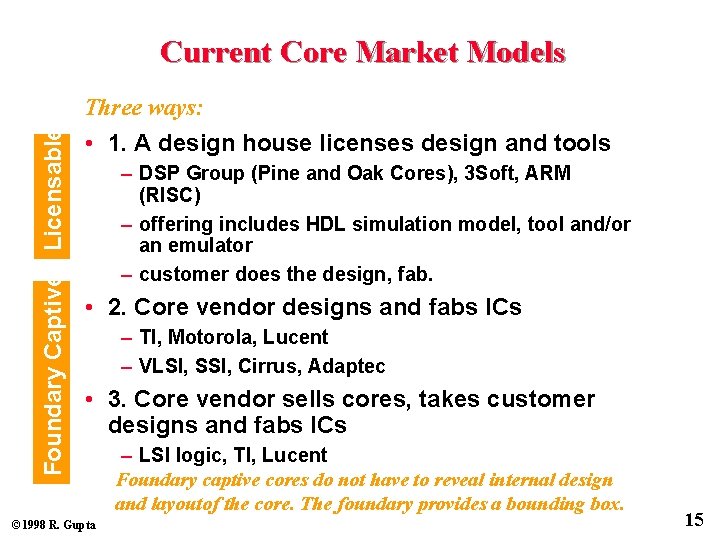 Foundary Captive Licensable Current Core Market Models Three ways: • 1. A design house