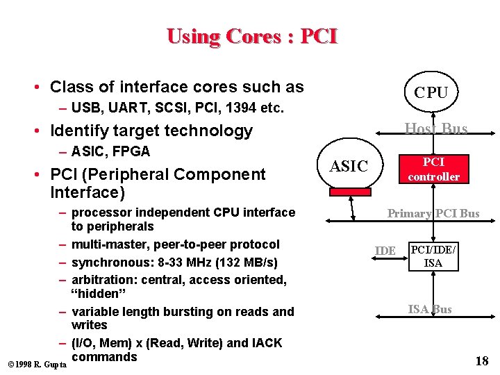 Using Cores : PCI • Class of interface cores such as CPU – USB,